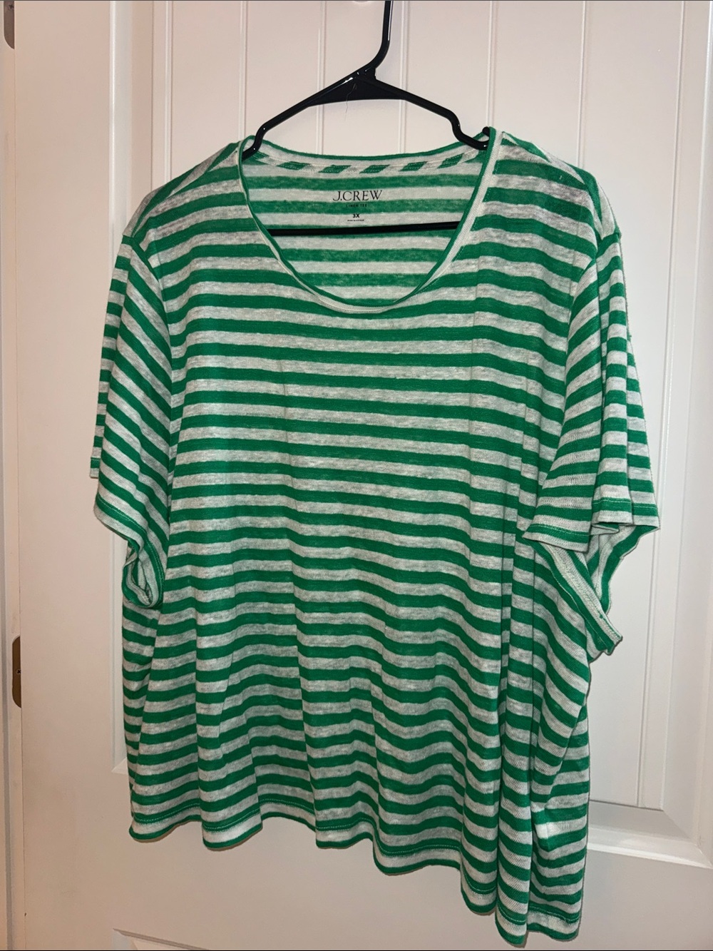 J. Crew Green Linen and White Striped Short Sleeve Tee